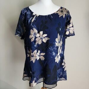 Jacques Vert‎ Silk Blend Shirt Womens Large Navy Blouse Lace Mesh Feminine Top